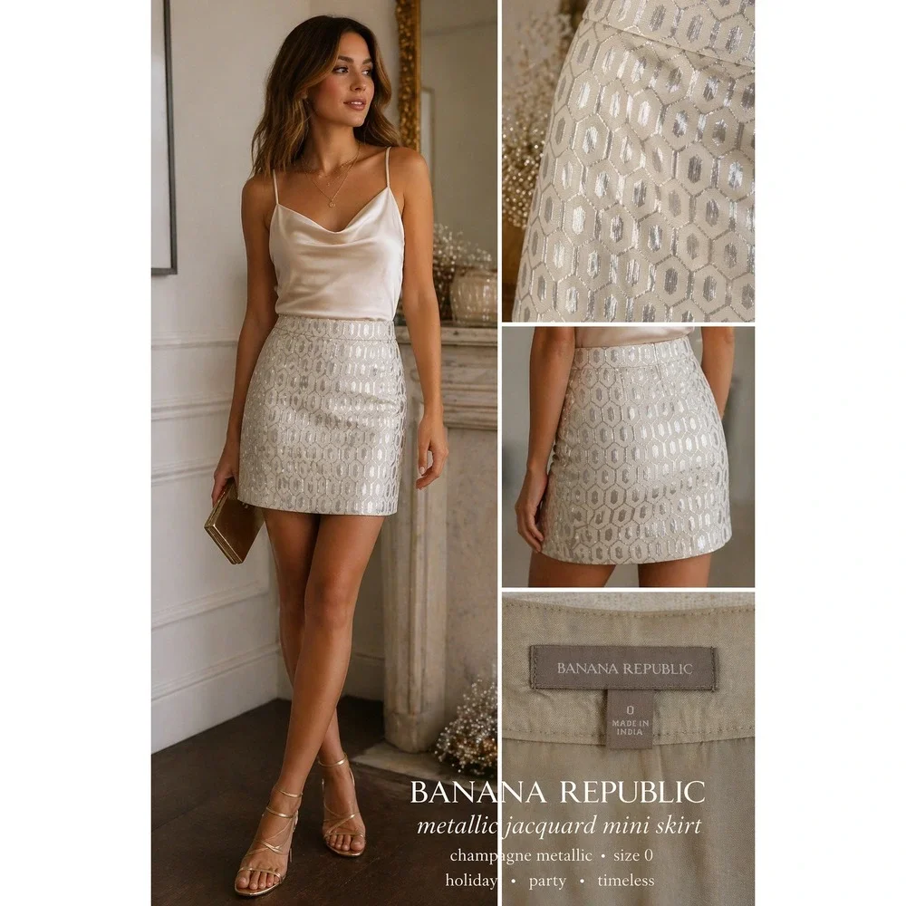 Banana Republic Metallic Jacquard Mini Skirt Womens 0 Champagne Party Holiday - Picture 4 of 6